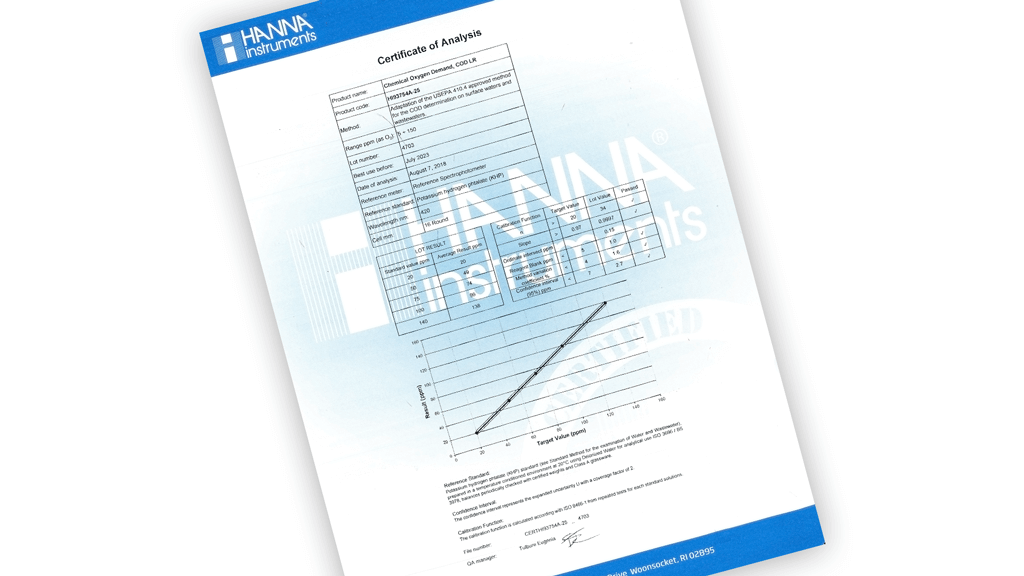 I reagenti predosati Hanna sono forniti con certificati di analisi